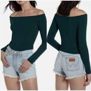 BP Off Shoulder Crop Top Womens L Hunter Green Long‎ Sleeve Boat Neck Festival
